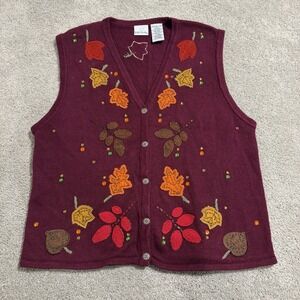Vintage Bobbie Brooks Cardigan Sweater Vest Women XL Burgundy Fall Autumn Leaves